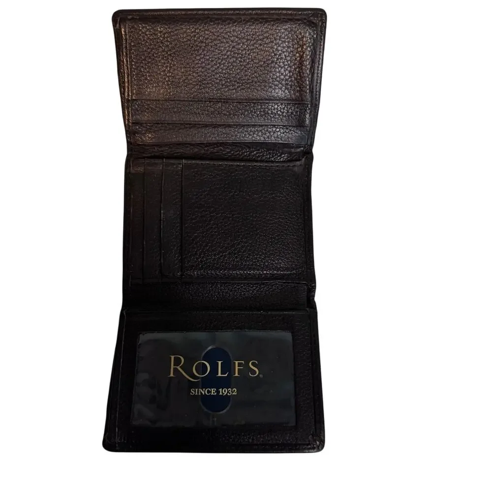 NWOT Rolfs Vintage Mens Black Pebbled Leather Trifold Wallet Compact ID Window